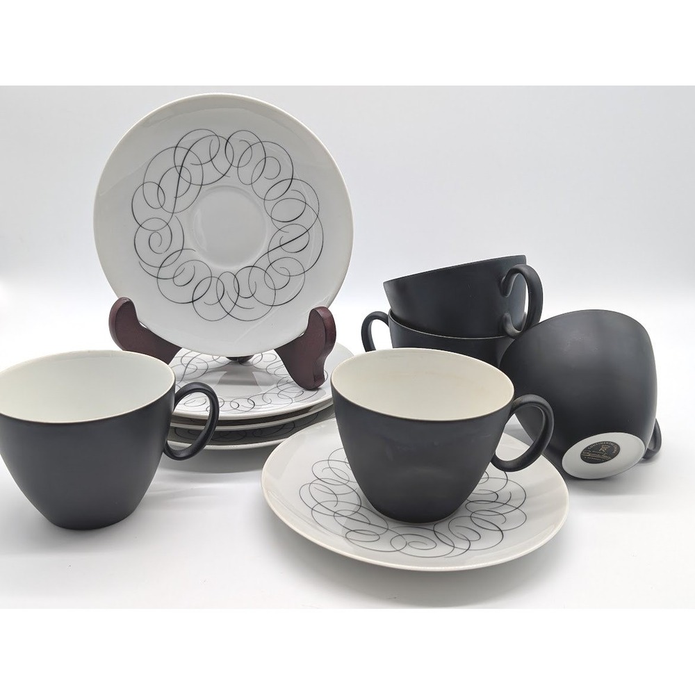 5‎ Raymond Loewy Continental China Charcoal Teacup Script Saucer MCM Rosenthal